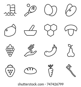 thin line icon set : pool, tennis, eggs, beans, lemon, mortar, honeycombs, mushroom, grape, harvest, eggplant, pear, strawberry, bread, carrot, tooth brush