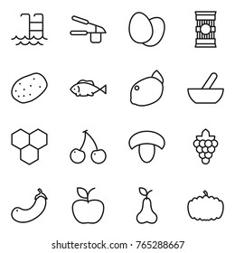 Thin line icon set : pool, garlic clasp, eggs, pasta, potato, fish, lemon, mortar, honeycombs, cherry, mushroom, grape, eggplant, apple, pear, pumpkin
