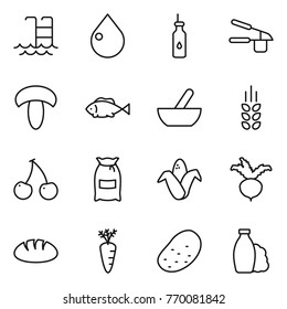 Thin line icon set : pool, drop, vegetable oil, garlic clasp, mushroom, fish, mortar, spikelets, cherry, flour, corn, beet, bread, carrot, potato, shampoo