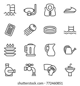 Thin line icon set : pool, diving mask, life vest, jet ski, inflatable mattress, jellyfish, plate washing, kettle, jug, watering can, water pump, tap, wiping, sink