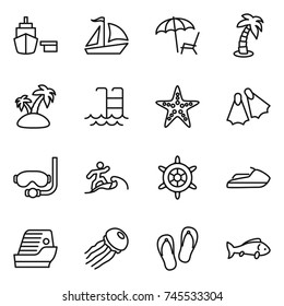 thin line icon set : port, sail boat, lounger, palm, island, pool, starfish, flippers, diving mask, surfer, handwheel, jet ski, cruise ship, jellyfish, flip flops, fish