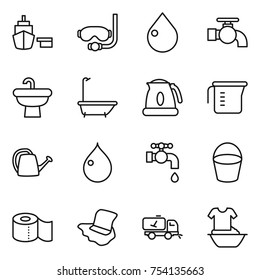 thin line icon set : port, diving mask, drop, water tap, sink, bath, kettle, measuring cup, watering can, bucket, toilet paper, floor washing, home call cleaning, handle