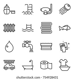thin line icon set : port, pool, diving mask, jellyfish, radiator, towels, fish, drop, water tap, sponge, wiping, car wash, bath, toilet paper, handle washing