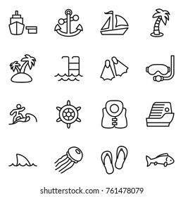 Thin line icon set : port, anchor, sail boat, palm, island, pool, flippers, diving mask, surfer, handwheel, life vest, cruise ship, shark flipper, jellyfish, flip flops, fish