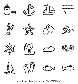 Thin line icon set : port, anchor, sail boat, lounger, palm, starfish, flippers, surfer, handwheel, life vest, jet ski, hammock, windsurfing, flip flops, fish
