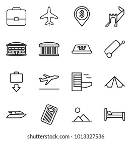 Thin line icon set : portfolio, plane, dollar pin, greate wall, airport building, taxi, suitcase, baggage get, departure, hotel, tent, yacht, inflatable mattress, landscape, bed