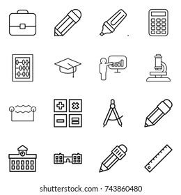 thin line icon set : portfolio, pencil, marker, calculator, abacus, graduate hat, presentation, microscope, electrostatic, draw compass, university, school, ruler