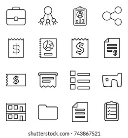 thin line icon set : portfolio, share, report, receipt, annual, account balance, atm, list, slum, modular house, documents, document, clipboard
