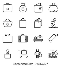 thin line icon set : portfolio, money bag, wallet, purse, add to basket, shopping, tourist, suitcase, baggage checking, trolley, trash, construct garbage