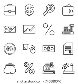 thin line icon set : portfolio, dollar, magnifier, wallet, money, statistics, percent, cashbox, crypto currency, hand coin, account balance, purse