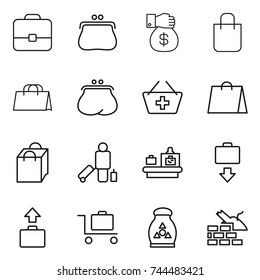 thin line icon set : portfolio, purse, money gift, shopping bag, add to basket, passenger, baggage checking, get, trolley, fertilizer, construct garbage