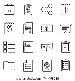 thin line icon set : portfolio, report, share, receipt, account balance, atm, list, copybook, slum, clipboard check, documents, document, passport