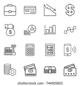 thin line icon set : portfolio, card, crisis, dollar, money gift, diagram, graph, cashbox, calculator, abacus, phone pay, virtual mining, credit