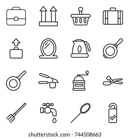 thin line icon set : portfolio, cargo top sign, basket, suitcase, baggage, mirror, kettle, pan, garlic clasp, hand mill, scissors, fork, water tap, duster, please clean