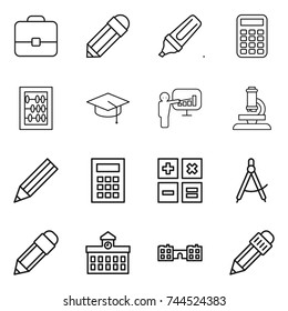 thin line icon set : portfolio, pencil, marker, calculator, abacus, graduate hat, presentation, microscope, draw compass, university, school