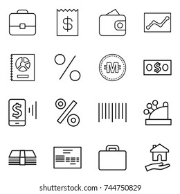 thin line icon set : portfolio, receipt, wallet, statistics, annual report, percent, crypto currency, money, mobile pay, bar code, cashbox, invoice, suitcase, housing