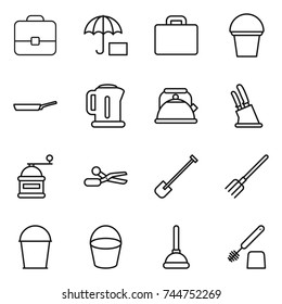 thin line icon set : portfolio, insurance, suitcase, bucket, pan, kettle, knife holder, hand mill, scissors, shovel, fork, plunger, toilet brush