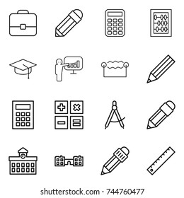 thin line icon set : portfolio, pencil, calculator, abacus, graduate hat, presentation, electrostatic, draw compass, university, school, ruler