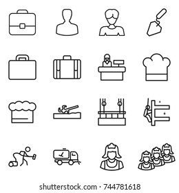 thin line icon set : portfolio, man, woman, construction, suitcase, reception, cook hat, chief, soil cutter, skysrcapers cleaning, skyscrapers, vacuum cleaner, home call, outsource