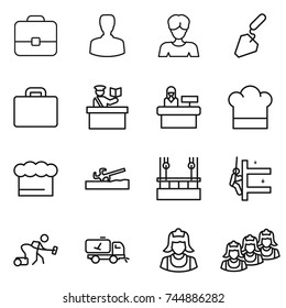 thin line icon set : portfolio, man, woman, construction, suitcase, inspector, reception, cook hat, chief, soil cutter, skysrcapers cleaning, skyscrapers, vacuum cleaner, home call, outsource