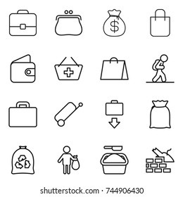 thin line icon set : portfolio, purse, money bag, shopping, wallet, add to basket, tourist, suitcase, baggage get, flour, garbage, trash, washing powder, construct