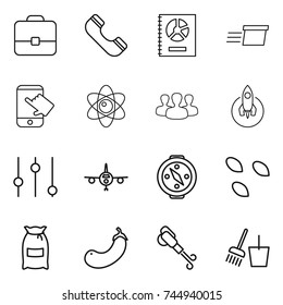 thin line icon set : portfolio, phone, annual report, delivery, touch, atom, group, rocket, equalizer, plane, compass, seeds, flour, eggplant, blower, bucket and broom