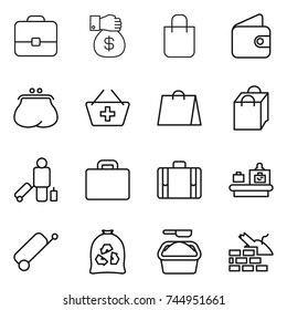 thin line icon set : portfolio, money gift, shopping bag, wallet, purse, add to basket, passenger, suitcase, baggage checking, garbage, washing powder, construct
