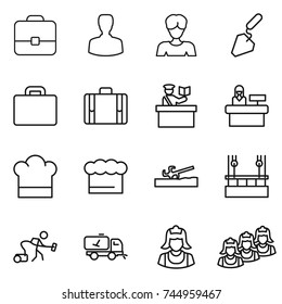 thin line icon set : portfolio, man, woman, construction, suitcase, inspector, reception, cook hat, chief, soil cutter, skysrcapers cleaning, vacuum cleaner, home call, outsource