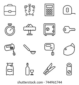 thin line icon set : portfolio, alarm clock, calculator, measuring tape, stopwatch, restaurant, safe, key, mixer, ladle, lemon, flour, wine, clothespin, do not distrub