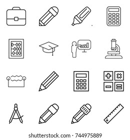 thin line icon set : portfolio, pencil, marker, calculator, abacus, graduate hat, presentation, microscope, electrostatic, draw compass, ruler