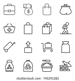 thin line icon set : portfolio, money gift, shopping bag, purse, add to basket, tourist, suitcase, baggage, trolley, flour, fertilizer, garbage, washing powder, construct