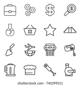 thin line icon set : portfolio, gear, dollar, magnifier, round flask, delete cart, star, pyramid, construction, plane shipping, antique column, mixer, kettle, chief hat, blender, water pump