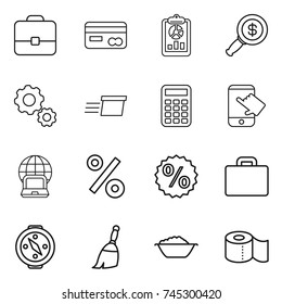 thin line icon set : portfolio, card, report, dollar magnifier, gear, delivery, calculator, touch, notebook globe, percent, suitcase, compass, broom, foam basin, toilet paper