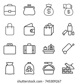 thin line icon set : portfolio, purse, money bag, gift, shopping, wallet, passenger, suitcase, baggage checking, flour, garbage, washing powder, construct