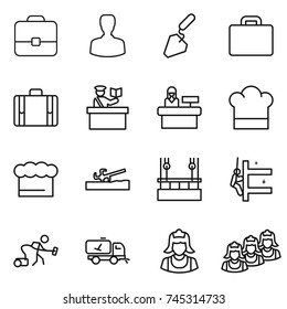 thin line icon set : portfolio, man, construction, suitcase, inspector, reception, cook hat, chief, soil cutter, skysrcapers cleaning, skyscrapers, vacuum cleaner, home call, outsource