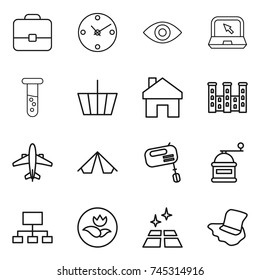 thin line icon set : portfolio, clock, eye, notebook, vial, basket, home, palace, airplane, tent, mixer, hand mill, hierarchy, ecology, clean floor, washing