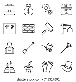 thin line icon set : portfolio, money bag, gear, server, tools, brick wall, repair, loading, workman, shovel, wheelbarrow, rake, clean floor, vacuum cleaner, gloves, washing