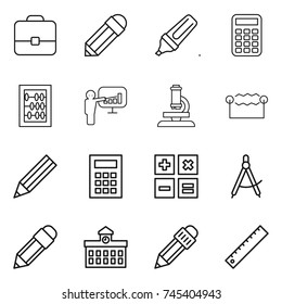 thin line icon set : portfolio, pencil, marker, calculator, abacus, presentation, microscope, electrostatic, draw compass, university, ruler