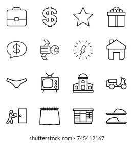 thin line icon set : portfolio, dollar, star, gift, money message, satellite, lightning, home, underpants, tv, mansion, scooter shipping, courier delivery, curtain, wardrobe, slippers