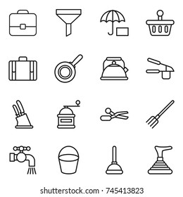 thin line icon set : portfolio, funnel, insurance, basket, suitcase, pan, kettle, garlic clasp, knife holder, hand mill, scissors, fork, water tap, bucket, plunger