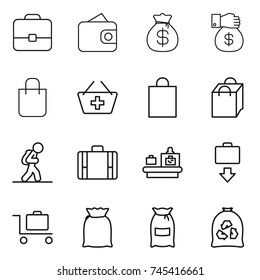 thin line icon set : portfolio, wallet, money bag, gift, shopping, add to basket, tourist, suitcase, baggage checking, get, trolley, flour, garbage