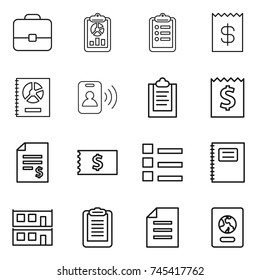 thin line icon set : portfolio, report, clipboard, receipt, annual, pass card, account balance, list, copybook, modular house, document, passport