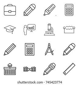 thin line icon set : portfolio, pencil, marker, calculator, graduate hat, presentation, microscope, electrostatic, draw compass, university, school, ruler