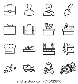 thin line icon set : portfolio, man, woman, construction, suitcase, inspector, reception, chief hat, soil cutter, skysrcapers cleaning, skyscrapers, vacuum cleaner, home call, outsource