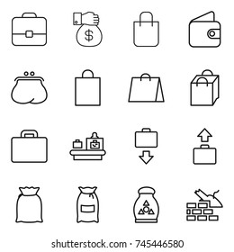 thin line icon set : portfolio, money gift, shopping bag, wallet, purse, suitcase, baggage checking, get, flour, fertilizer, construct garbage