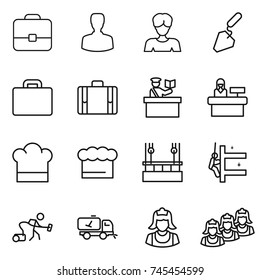 thin line icon set : portfolio, man, woman, construction, suitcase, inspector, reception, cook hat, chief, skyscrapers cleaning, skyscrapers, vacuum cleaner, home call, outsource