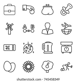 thin line icon set : portfolio, hand coin, purse, nipple, windmill, route a to b, client, plane shipping, ticket, disco ball, kettle, kitchen scales, eggs, flower, garden, vacuum cleaner