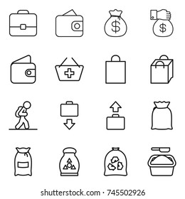 thin line icon set : portfolio, wallet, money bag, gift, add to basket, shopping, tourist, baggage get, flour, fertilizer, garbage, washing powder