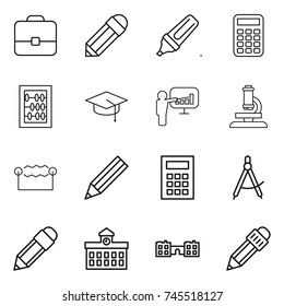 thin line icon set : portfolio, pencil, marker, calculator, abacus, graduate hat, presentation, microscope, electrostatic, draw compass, university, school