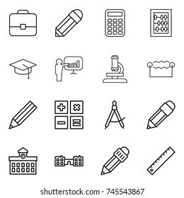 thin line icon set : portfolio, pencil, calculator, abacus, graduate hat, presentation, microscope, electrostatic, draw compass, university, school, ruler